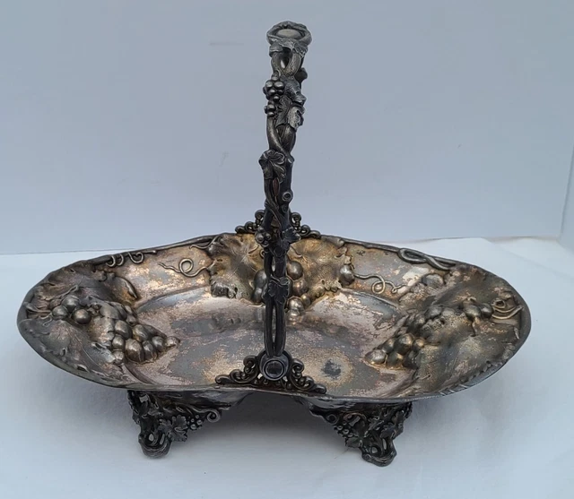 Antique Silverplate Basket w/ Handle Ornate with Grapes Wedding Flower Girl 1903