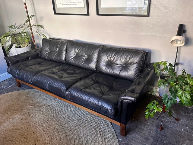 Vintage retro mid-century IKEA Kardinal black 3 seater leather sofa, teak legs