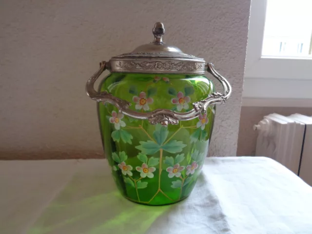 Superbe Seau Boite À Biscuits  En Verre Teinté Vert Décor Or Et Fleurs Émaillées 3