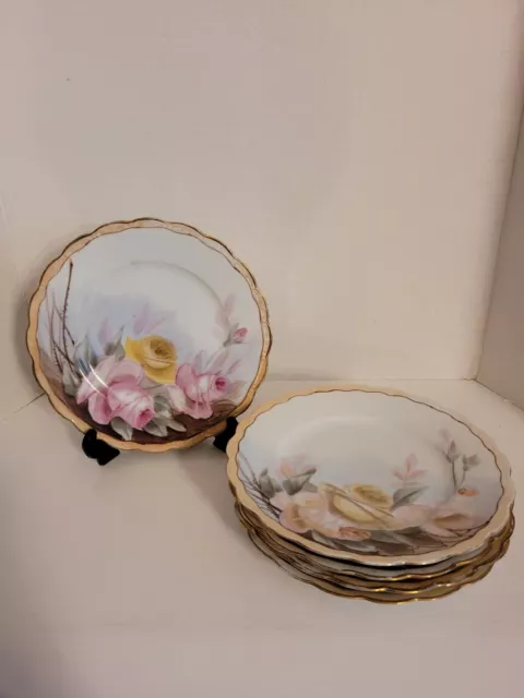 5 P K Silesia China Dessert Plates Pink & Yellow Roses 8 1/4”