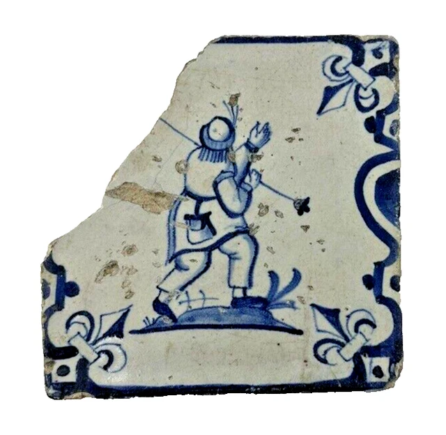 Rare Early 17th. c. Hand-Painted Delft Blue Faience Tile w/Walking Shepherd