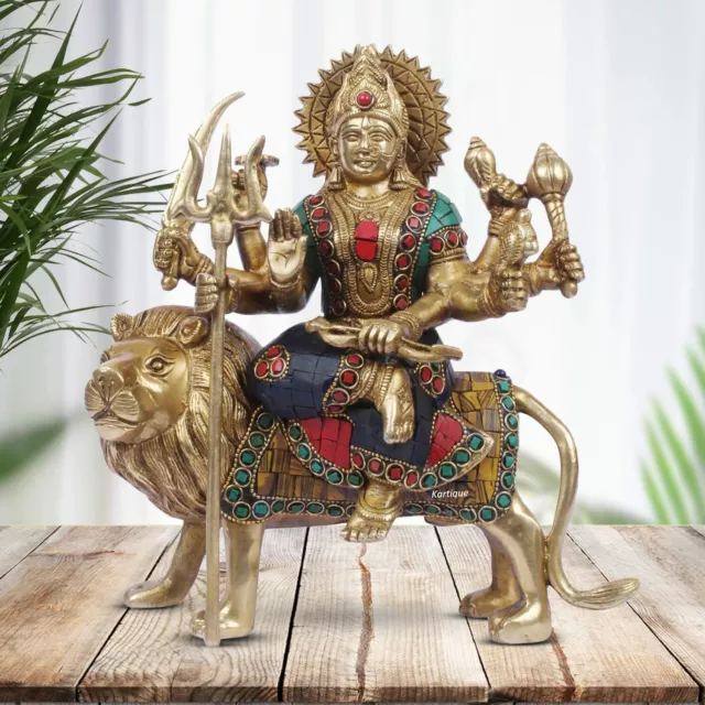 Multi Color Brass Maa Durga Sitting On Lion Sherawali Murti Navratra Statue Idol