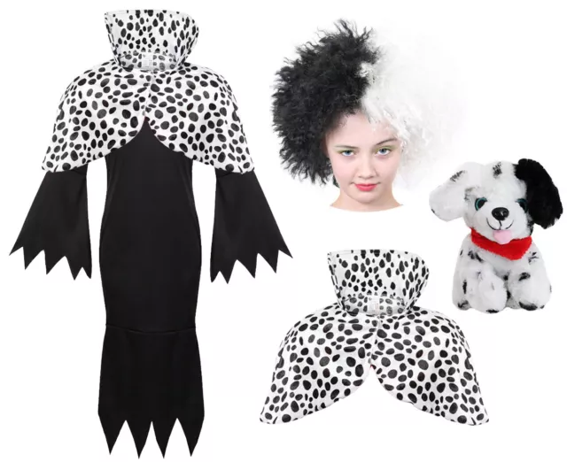 Girls Cruella Costume World Book Day Fancy Dress Dalmatian De Ville Halloween