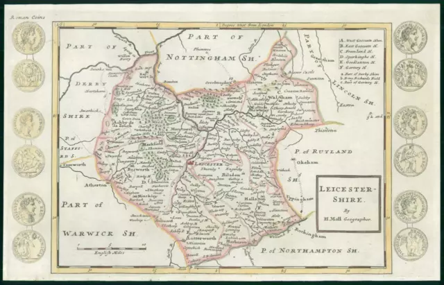 1733 - Rare Antique Map of LEICESTERSHIRE by Herman Moll hand coloured (10)