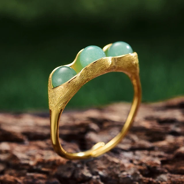 Natural Aventurine Gemstone Pea Pods Ring Real 925 Silver 18K Gold Jewelry Gift
