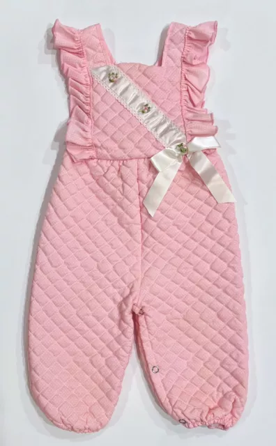 Vintage EVY of California Baby Girl Quilted Romper 18 Mo Pink Ruffle Ribbon