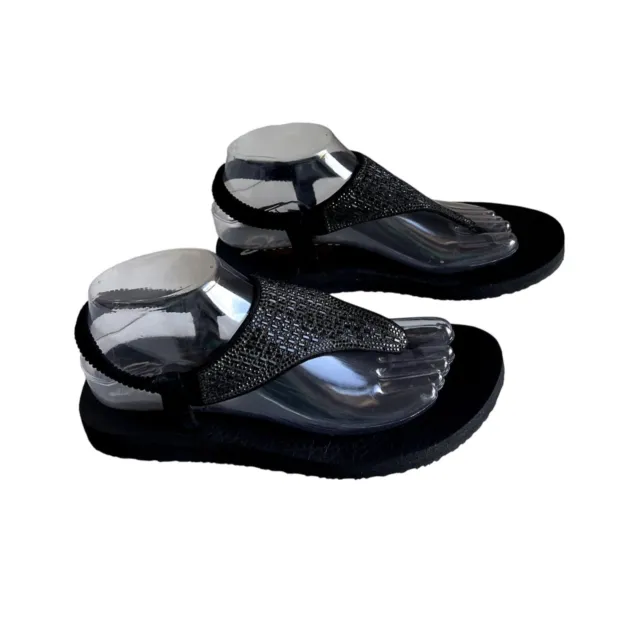 SKECHERS YOGA FOAM Sequin Black Sandal Flats Ankle Strap Rubber