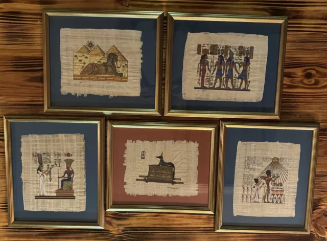 Egyptian Papyrus Painting Prints Lot Of 5 Professionally Matted And Framed