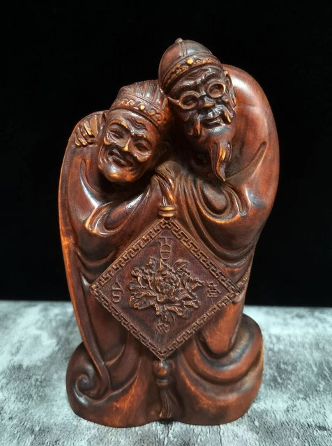 BY122  -  12*7*4 CM Boxwood Carving Figurine Statue : Old Couple
