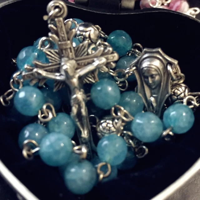 Aquamarine & color Silver Rose Beads catholic rosary crucifix cross necklace box