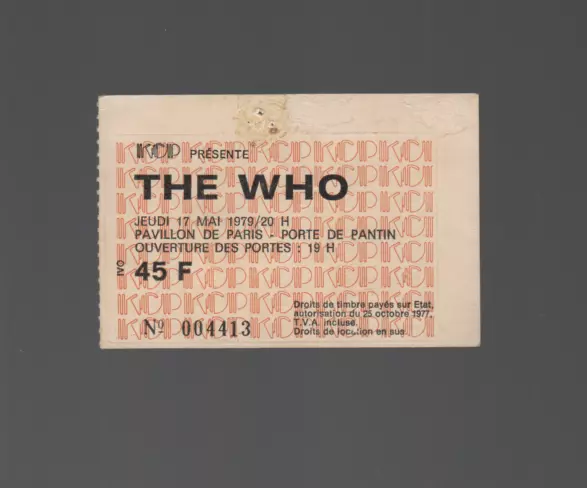 The Who Vintage Concert Ticket Ancien Billet 17-05-1979 Pavillon de Paris France
