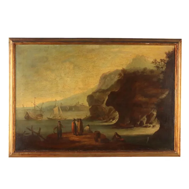 Paysage Maritime avec Figures Huile sur Toile '700 Art Peinture