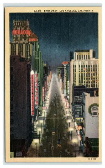 Postcard Linen 1944 CA Broadway Night Cars Aerial View Los Angeles California