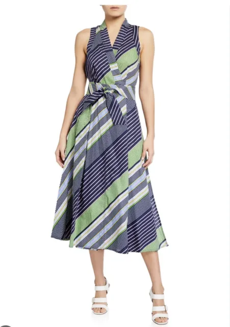 NWT Tory Burch OverPrinted Wrap Dress Striped Blue Green Size 6 Belted Cotton