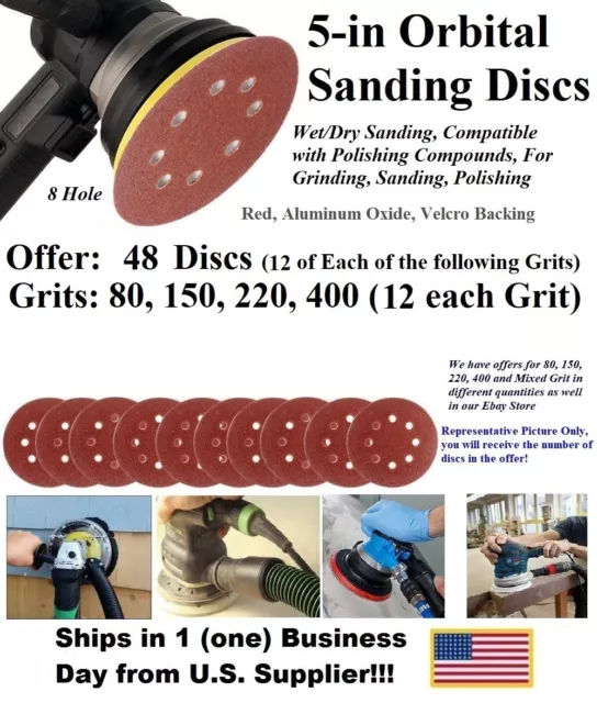 48pc Mixed Grit Round Hook & Loop Sanding Disc-Red,Alum Oxide,Size 5",Orbital