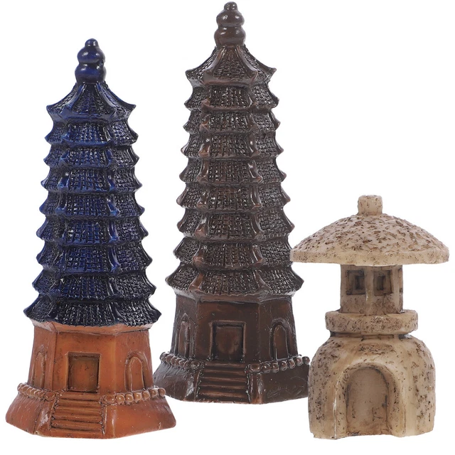 3pcs Mini Pavilion Statue Resin Pavilion Bonsai Micro Landscape Pagoda
