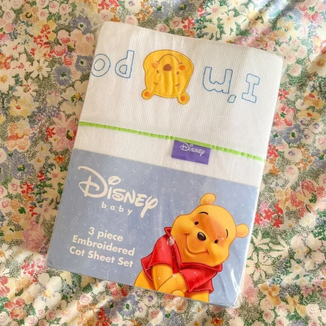 Disney Winnie The Pooh 3 Piece Embroidered Cot Sheets - Vintage, as new in pack