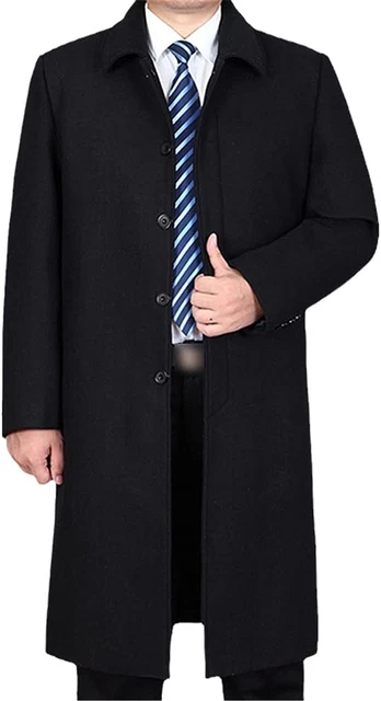 Mens Black Wool Abrigo Paliducho Anteojeras Overcoat Largo Gabardina Encubierto