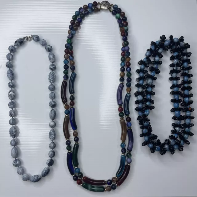 J Lot Bulk Vtg Retro Necklaces Blue Multicolor Marbled Resin Seeds Beaded 70s