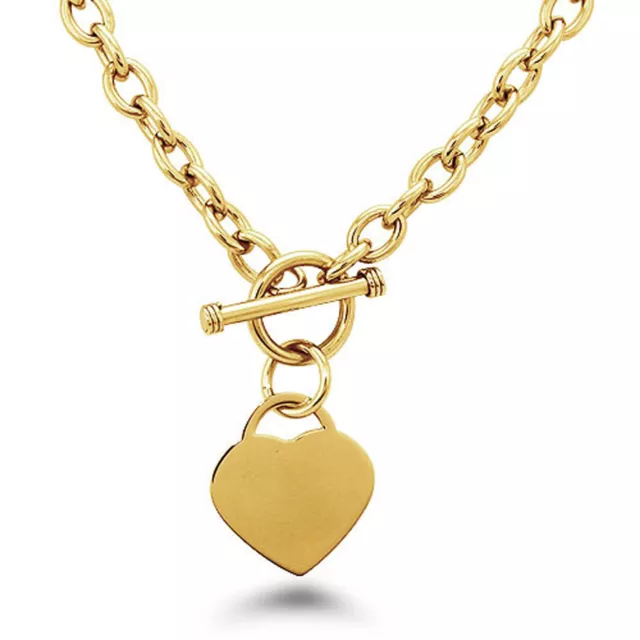 Stainless Steel 14K Gold Plated Heart Charm Toggle Necklace 18" | FREE ENGRAVING