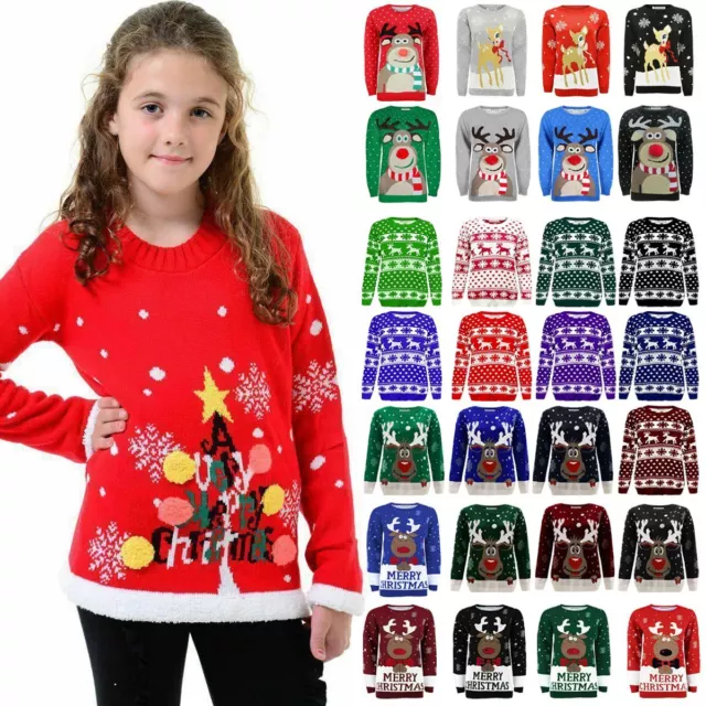 Girls Boys Xmas Reindeer Jumper Kids Knitted Unisex Christmas Pullover Sweater