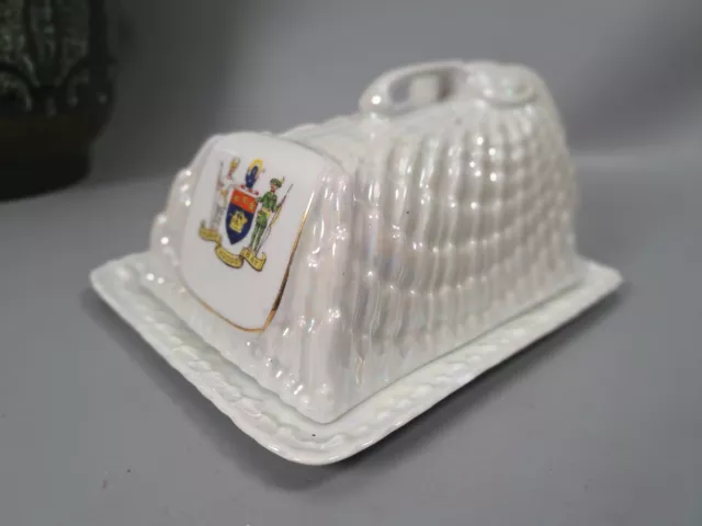 vintage lustre ware shell ceramic butter dish robin hoods bay shield crest retro