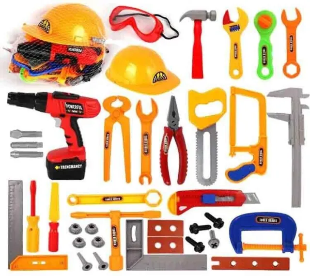 Kids Tool Set Toy Pretend Play Drill Chainsaw Screws Helmet Construction Toys