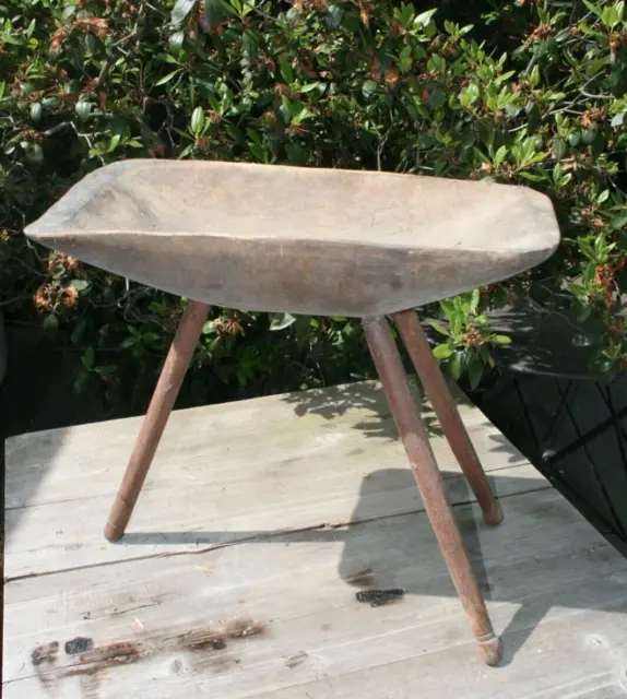 Antique Wooden Dough Bowl with Tripod Legs Stand Primitive