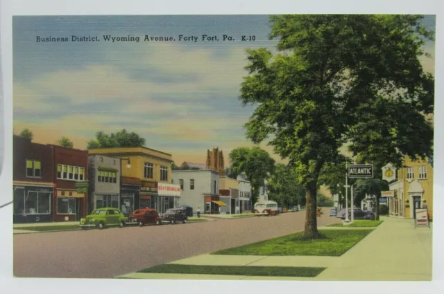 Postcard~Forty Fort, Pa~Wyoming Ave. Business District Old Cars And Bus