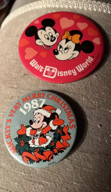 2 Disney World Buttons Mickey's Very Merry Christms Party 1987 & Mickey Minnie