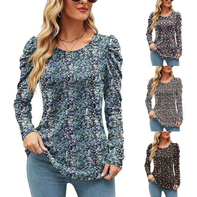 Femme Floral Tunique Manches Longues Haut Ras Cou en Vrac Chemisier T-Shirt Neuf