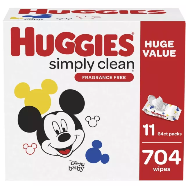 Huggies Simply Clean Unscented Baby Wipes, 11 Flip-Top Packs (704 Wipes Total)