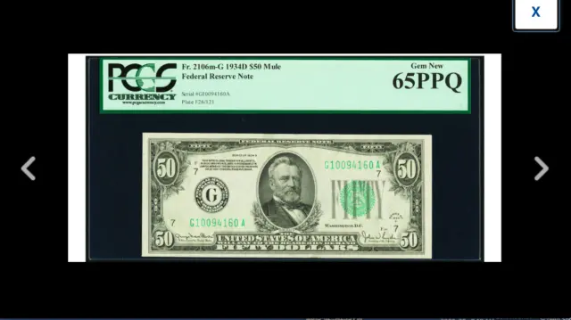 $$ MULE NOTE CHICAGO GEM 65 PPQ $50 1934D Federal Reserve . PCGS Gem New 65PPQ