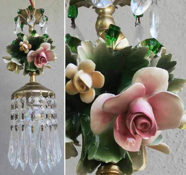 Porcelain Capodimonte Pink Lemon Rose Brass tole chandelier Ceiling vintage lamp