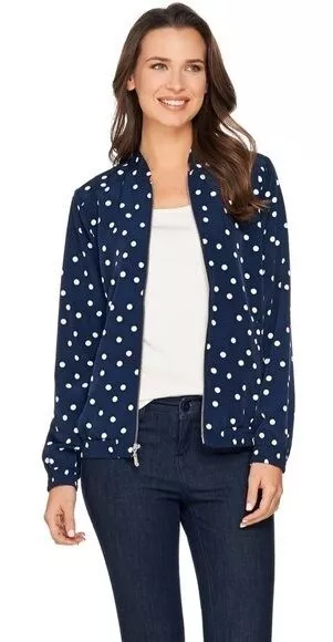 Susan Graver Womens Medium Navy Blue Polka Dot Full Zip Bomber Jacket