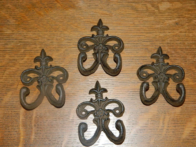 Set/4 Rustic French Fleur De Lis Tuscan Cast Iron Wall Coat Towel Pot Hldr Hook