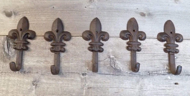 5 Coat Hooks Fleur DE LIS French Entry Way Dog Leash Towel
