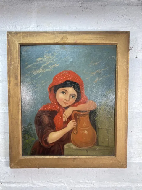 A Framed Late 19th Century Folk Art Oil Portrait Painting Of A ‘Cottage Girl’
