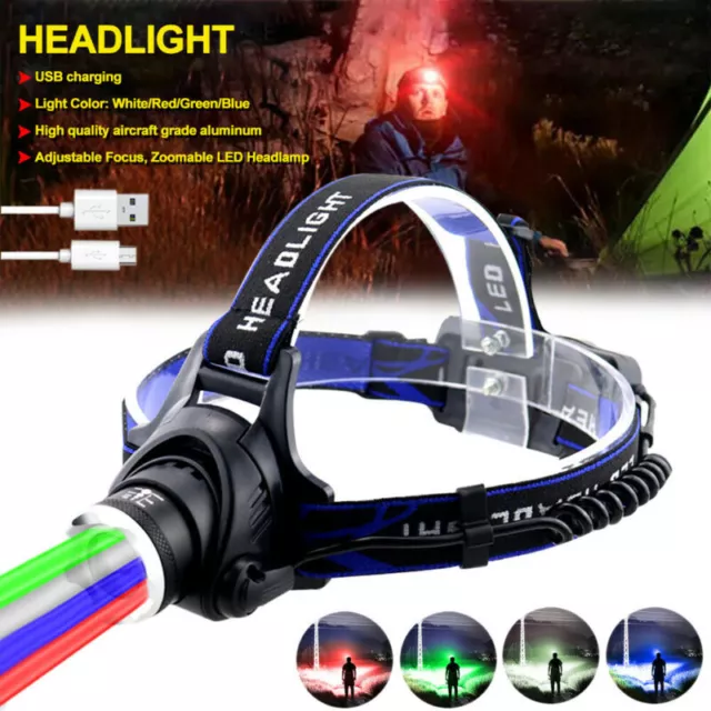 Hunting Red/Green/Blue/White LED Headlamp Head Light Torch USB Charging Zoomable