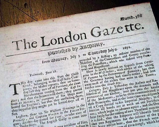 1671 Newspaper EARLY Rare 17th Century 352 Years Old LONDON GAZETTE England RARE