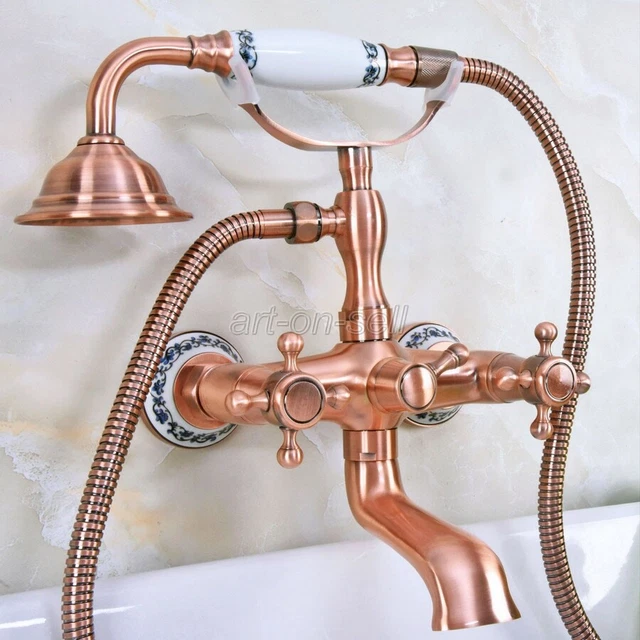 Antique Red Copper Wall Mount Bathtub Clawfoot Bath Tub Faucet w/Handheld Shower