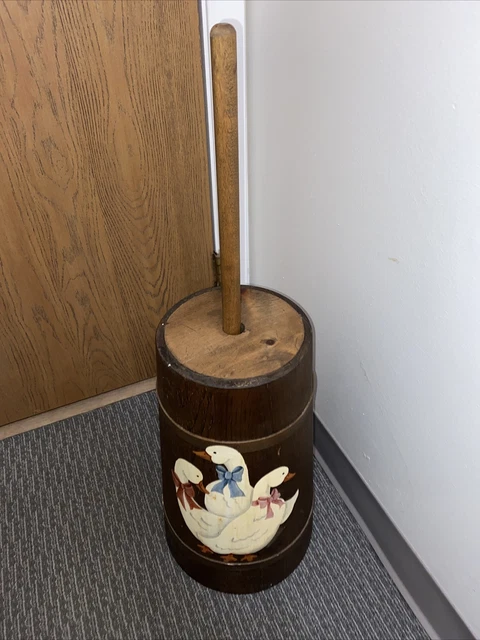 Decor Painted Wooden Butter Churn Goose Geese 31” Tall 1990 Vintage