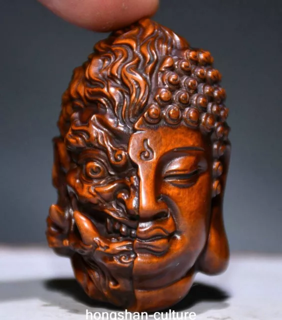 2.3'' Old Chinese Boxwood Carving Buddha Devil Face Head Statue Sculpture