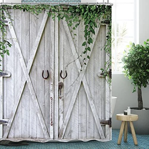 Omifly Rustic Wooden Barn Door Shower Curtain 60Wx72H Inch Farmhouse Wood Boa...