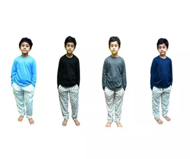 Boys Pyjama Set Soft Boys Plain Long Sleeve Top and Print Bottoms 5 to 14 Years