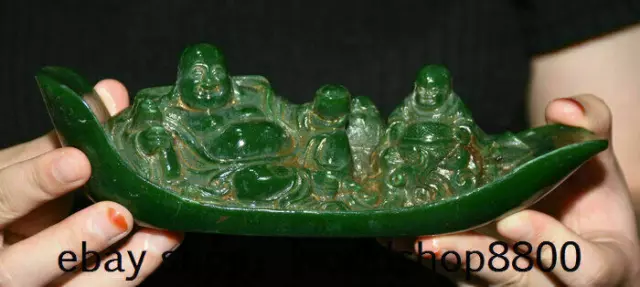 8" Old Chinese Natural Green Jade Carving Happy Laugh Maitreya Buddha Statue