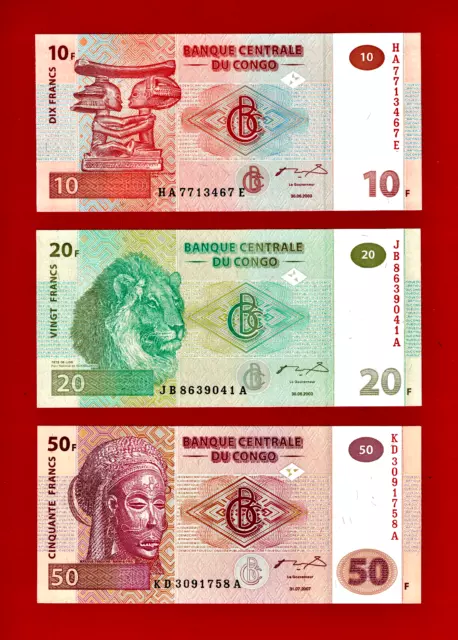 THREE BEAUTIFUL CONGO UNC NOTES 10 FRANCS 2003, 20 Francs 2003, & 50 Francs 2007