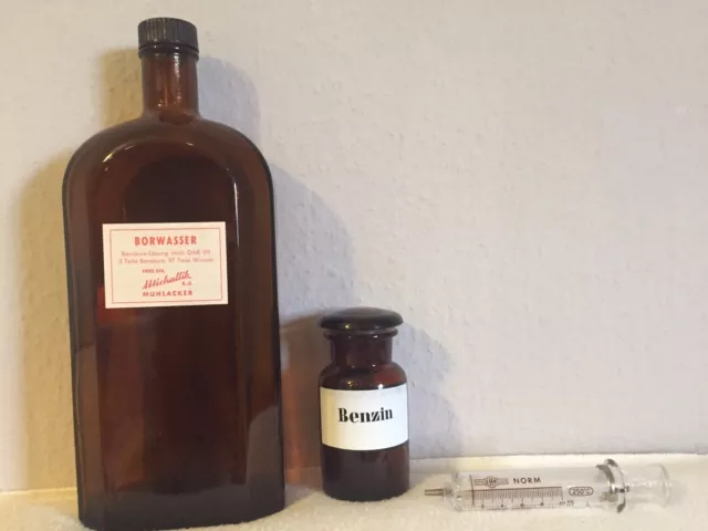 Antike Glas Flasche Arzt Apotheker Flaschen Medizinflaschen & Jena Glasspritze