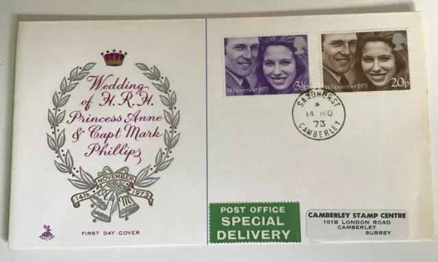 GB QEII 1973 Royal Wedding Embossed Special Delivery FDC Sandhurst CDS Cat £30+