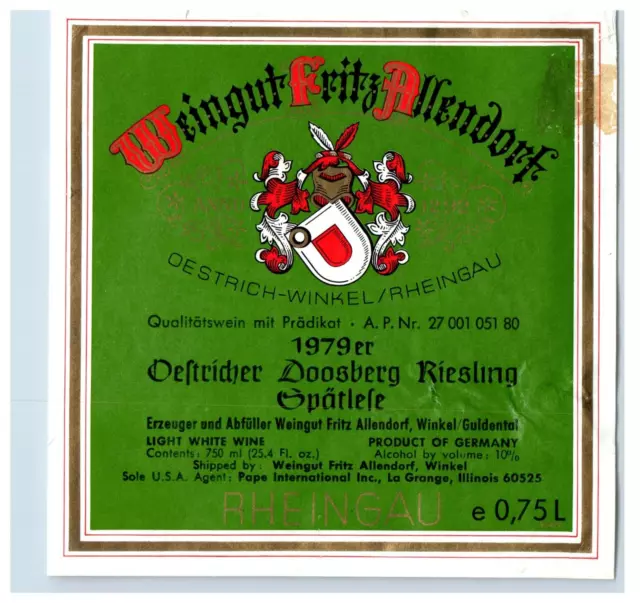 1970's-80's Weingut Fritz Allendorf Rheingau German Wine Label Original S30E